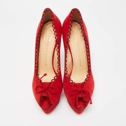 مملوكة مسبقًا Charlotte Olympia Red Suede Daphne Scalloped Trim Peep Toe Platform Pumps Size 40