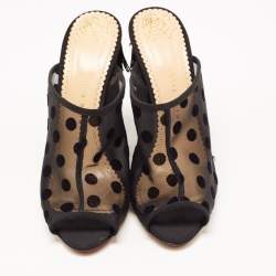 Charlotte Olympia Black Polka Dot Mesh Fringe Wedge Mules Size 39.5