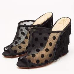 Charlotte Olympia Black Polka Dot Mesh Fringe Wedge Mules Size 39.5