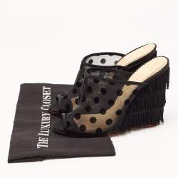 Charlotte Olympia Black Polka Dot Mesh Fringe Wedge Mules Size 39.5