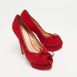 Charlotte Olympia Red Suede Daphne Scalloped Trim Peep Toe Platform Pumps Size 40.5