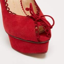 Charlotte Olympia Red Suede Daphne Scalloped Trim Peep Toe Platform Pumps Size 40.5