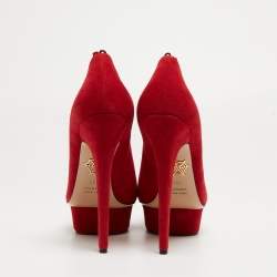 Charlotte Olympia Red Suede Daphne Scalloped Trim Peep Toe Platform Pumps Size 40.5