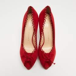 Charlotte Olympia Red Suede Daphne Scalloped Trim Peep Toe Platform Pumps Size 40.5