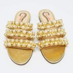 Charlotte Olympia Gold Pleated Leather Pearl Embellished Flats Size 35