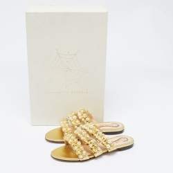 Charlotte Olympia Gold Pleated Leather Pearl Embellished Flats Size 35