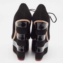 Charlotte Olympia Black Suede and Patent Leather Martha Wedge Booties Size 39.5