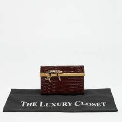 Pre Owned Charlotte Olympia Leopard Detail Brown Croc Embossed Leather Clutch