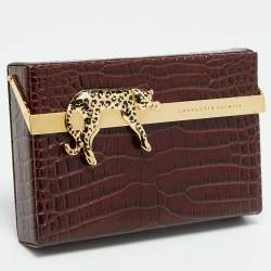Pre Owned Charlotte Olympia Leopard Detail Brown Croc Embossed Leather Clutch