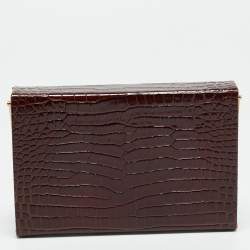 Pre Owned Charlotte Olympia Leopard Detail Brown Croc Embossed Leather Clutch