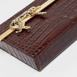 Pre Owned Charlotte Olympia Leopard Detail Brown Croc Embossed Leather Clutch