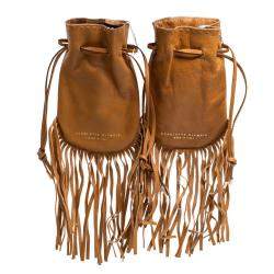 مملوكة مسبقًا Charlotte Olympia Brown Leather Fringe Kitty Set of 2 Pochette 