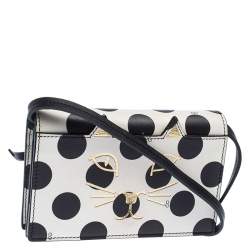 Pre Owned Charlotte Olympia Black/White Polka Dot Leather Feline Crossbody Bag