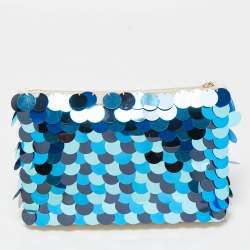 Charlotte Olympia Blue/Beige Canvas and Sequins Zip Pouch