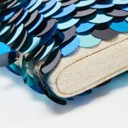 Charlotte Olympia Blue/Beige Canvas and Sequins Zip Pouch