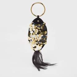 Charlotte Olympia Black Alcantara Sequins Goldfish Pouch