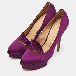 Pre Owned Charlotte Olympia Purple Satin Peep Toe Platform Pumps Size 37.5