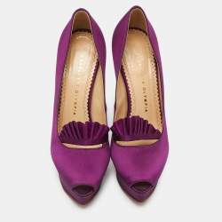 Pre Owned Charlotte Olympia Purple Satin Peep Toe Platform Pumps Size 37.5