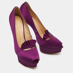Pre Owned Charlotte Olympia Purple Satin Peep Toe Platform Pumps Size 37.5