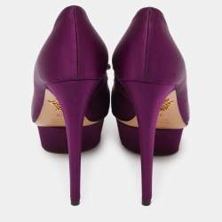 Pre Owned Charlotte Olympia Purple Satin Peep Toe Platform Pumps Size 37.5