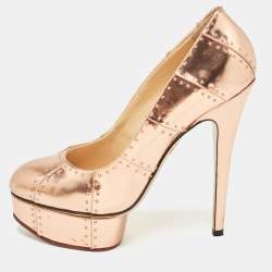 مملوكة مسبقًا حذاء كعب عالي شارلوت أوليمبيا مرصع منصة جلد لون ذهبي وردي مقاس 38.5