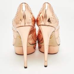 مملوكة مسبقًا حذاء كعب عالي شارلوت أوليمبيا مرصع منصة جلد لون ذهبي وردي مقاس 38.5