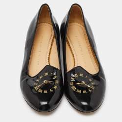 Charlotte Olympia Black Patent Leather Fashionably Late Clock Face Smoking Slippers Size 36