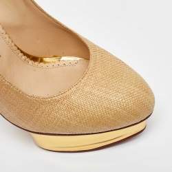 Charlotte Olympia Beige/Gold Raffia and Leather Dolly Platform Pumps Size 41