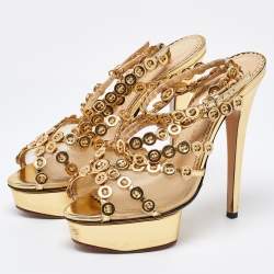 Charlotte Olympia Gold Leather and Mesh Button Up Isadora Sandals Size 39