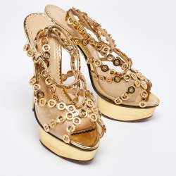 Charlotte Olympia Gold Leather and Mesh Button Up Isadora Sandals Size 39