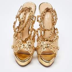 Charlotte Olympia Gold Leather and Mesh Button Up Isadora Sandals Size 39