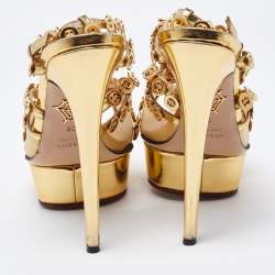 Charlotte Olympia Gold Leather and Mesh Button Up Isadora Sandals Size 39