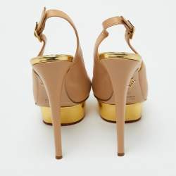 Pre Owned Charlotte Olympia Beige Leather Dolly Platform Slingback Pumps Size 38.5