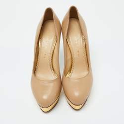Charlotte Olympia Beige Leather Dolly Platform Pumps Size 39.5