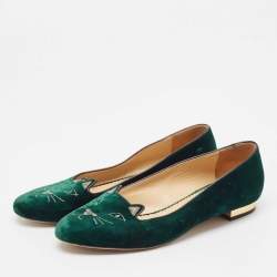 Charlotte Olympia Dark Green Velvet Kitty Ballet Flats Size 41