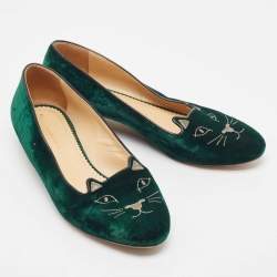 Charlotte Olympia Dark Green Velvet Kitty Ballet Flats Size 41