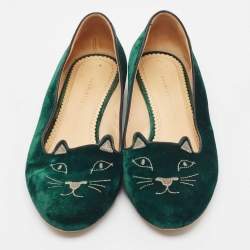 Charlotte Olympia Dark Green Velvet Kitty Ballet Flats Size 41