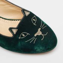 Charlotte Olympia Dark Green Velvet Kitty Ballet Flats Size 41