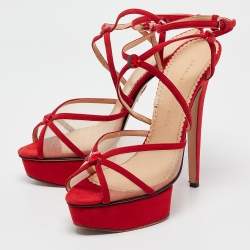 Charlotte Olympia Red Suede and Mesh Crystal Isadora Sandals Size 40
