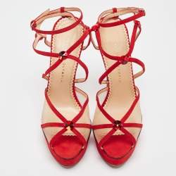 Charlotte Olympia Red Suede and Mesh Crystal Isadora Sandals Size 40