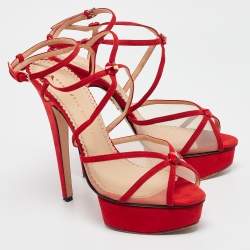 Charlotte Olympia Red Suede and Mesh Crystal Isadora Sandals Size 40