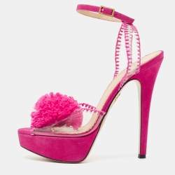 Charlotte Olympia Pink PVC and Suede Pomeline Ankle Strap Sandals Size 37.5