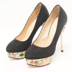 Pre Owned Charlotte Olympia Black Satin Dolly Platform Pumps Size 37.5