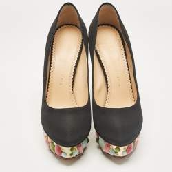 Pre Owned Charlotte Olympia Black Satin Dolly Platform Pumps Size 37.5