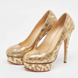 Pre Owned Charlotte Olympia Gold/Grey Leather Dolly Platform Pumps Size 37.5