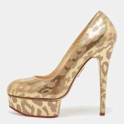 Pre Owned Charlotte Olympia Gold/Grey Leather Dolly Platform Pumps Size 37.5