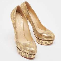 Pre Owned Charlotte Olympia Gold/Grey Leather Dolly Platform Pumps Size 37.5