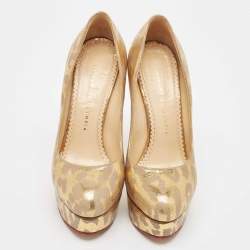 Pre Owned Charlotte Olympia Gold/Grey Leather Dolly Platform Pumps Size 37.5