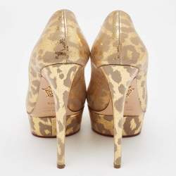 Pre Owned Charlotte Olympia Gold/Grey Leather Dolly Platform Pumps Size 37.5