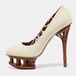 Charlotte Olympia Cream Canvas Rattan Dolly Platform Pumps Size 38